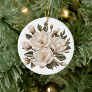 Falsk 3D broderad vit magnoliaillustration Julgransprydnad Keramik