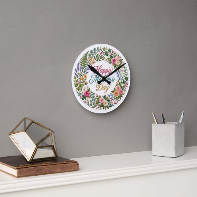 Falsk broderi Blommig Glad mors dag Rund Klocka (Kontor)