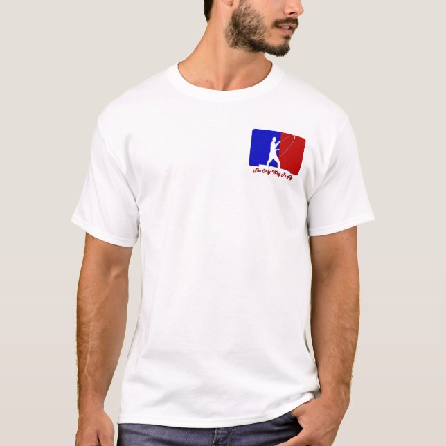 Falsk flygfiskesportlogotyp w beklär tillbaka t-shirt (Framsida)