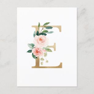 Falsk guldfolie Bokstav E Rodnad Blommig Monogram Vykort