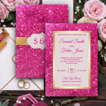 Falsk guldfolie Hot Pink Glitter Bröllopsinbjudan