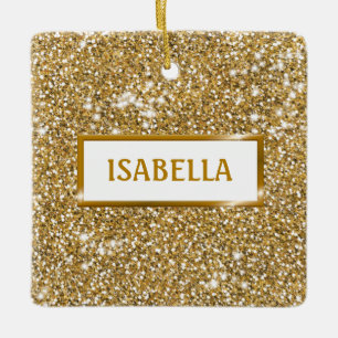 Falsk guldgul glittertextur med namn julgransprydnad keramik