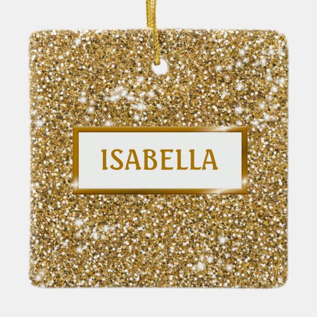 Falsk guldgul glittertextur med namn julgransprydnad keramik (Framsida)