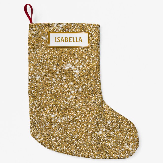 Falsk guldgul glittertextur med namn liten julstrumpa (Framsidan)