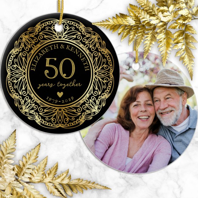Falsk guldspetsram 50-års bröllopsjubileum julgransprydnad keramik (Skapare uppladdad)