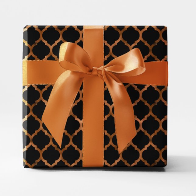 Falsk kopparfolie och svart quatrefoil presentpapper (Faux Copper Foil and black Quatrefoil Wrapping Paper)