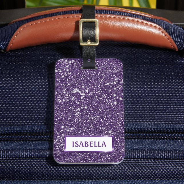 Falsk lila glittertextur med anpassad text bagagebricka (Framsida Insitu 2)