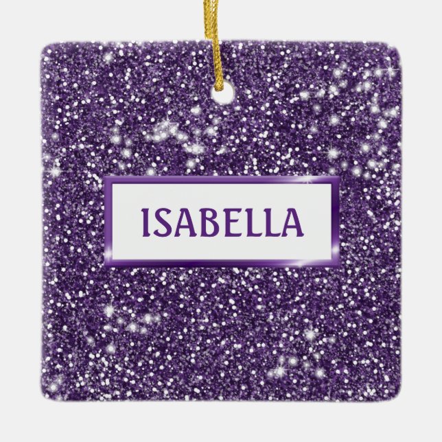 Falsk lila glittertextur med namn julgransprydnad keramik (Framsida)
