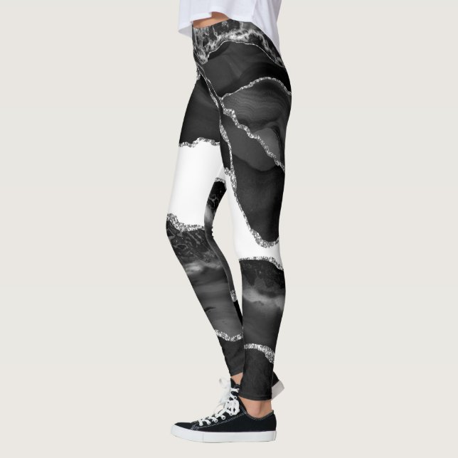 Falsk marmorerad agat svart vit trendig modern ste leggings (Vänster)