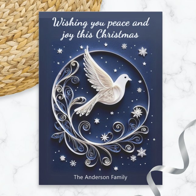 Falsk Papperskonst Duva Fred Elegant Jul Julkort (An elegant Christmas card, featuring a dove of peace picture with a papercraft appearance)
