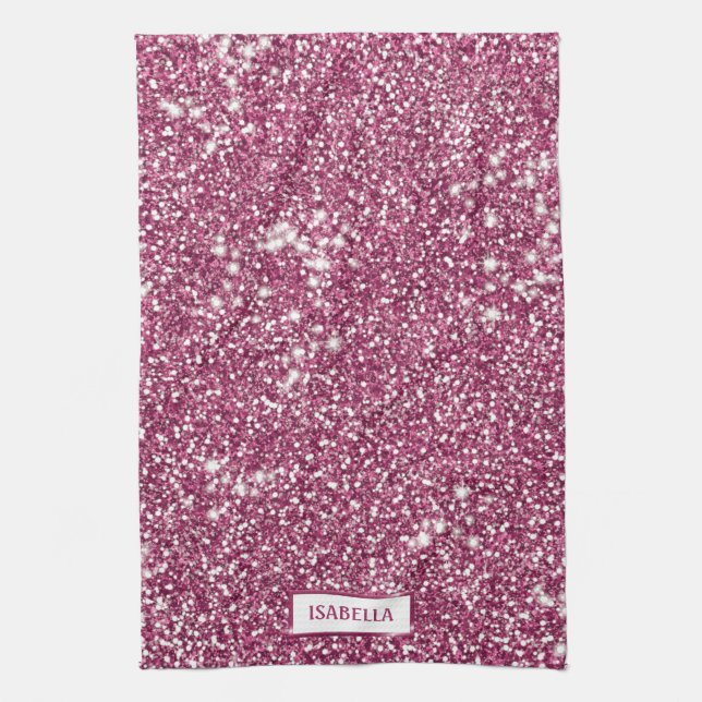 Falsk rosa glitterstruktur med anpassat namn kökshandduk (Vertikal)