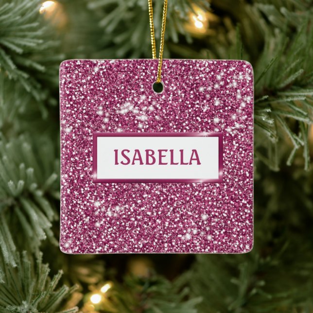 Falsk rosa glittertextur med anpassat namn julgransprydnad keramik (Träd)