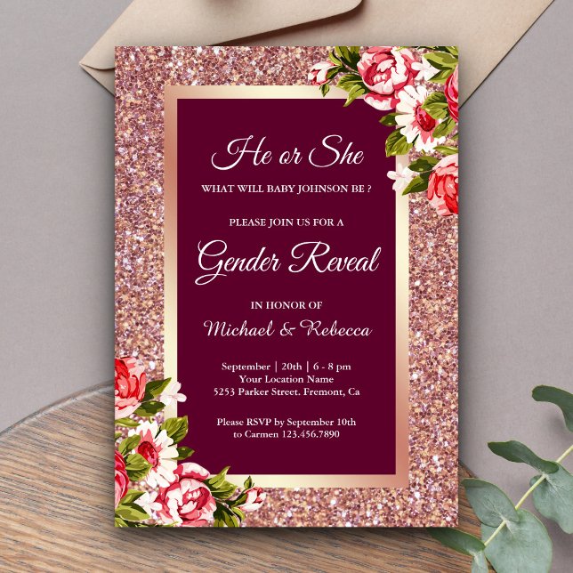 Falsk Rosa Guld Glitter Rosa Blommig Könsbestämnin Inbjudningar (Skapare uppladdad)