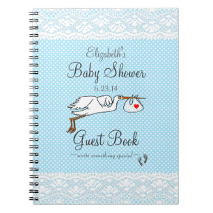 Falsk spets, Stork Blå Baby Shower Gästbok- Anteckningsbok