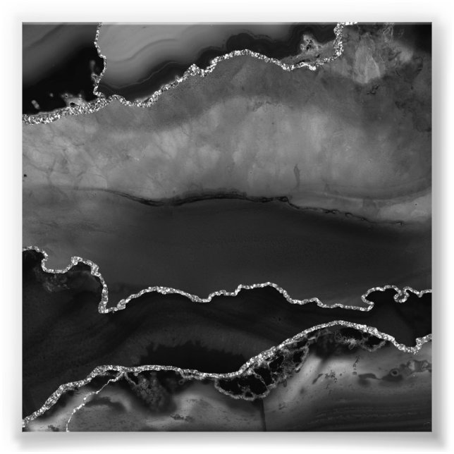 Falsk svart marmorerad agat elegant silverglitter fototryck (Framsidan)