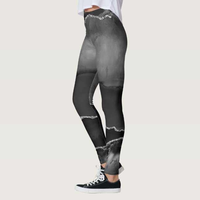 Falsk svart marmorerad agat elegant silverglitter leggings (Vänster)
