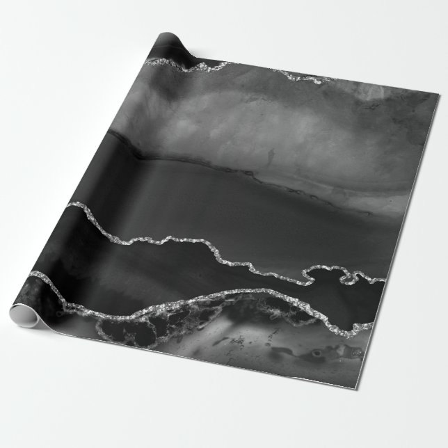 Falsk svart marmorerad agat elegant silverglitter presentpapper (Utrullad)