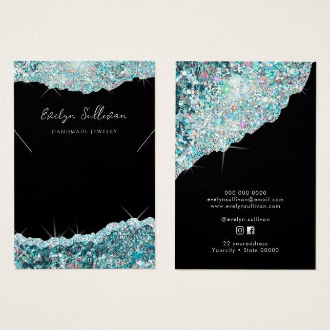 Falsk teal glitter halsbandsdisplaykort visitkort (Framsida & baksida)