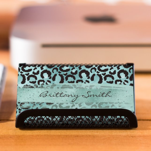Falsk Turkos Teal Folie Leopard Aqua Penseldrag Visitkort (Turquoise Teal Foil Leopard Aqua Brush Stroke Business Card)