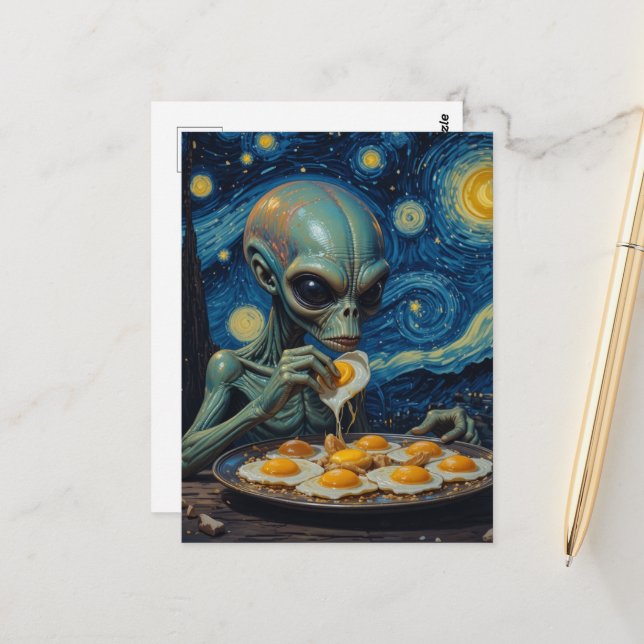 Falsk Van Gogh Blå Alien som äter stekta ägg  Vykort (Fram/Back In Situ)