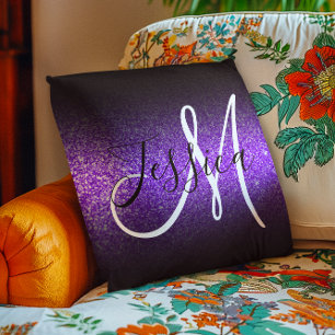 Falsk Violett Glitter Svart Ombre Monogram Kudde