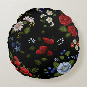 Falska broderade röda och blå blommor    rund kudde