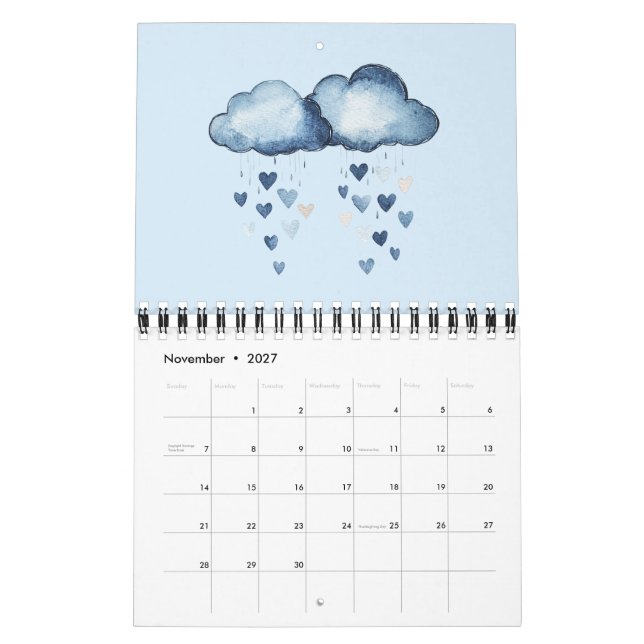 Falska Denim Blå Jean Hjärtan Ränder Blommor Kalender (Nov 2027)