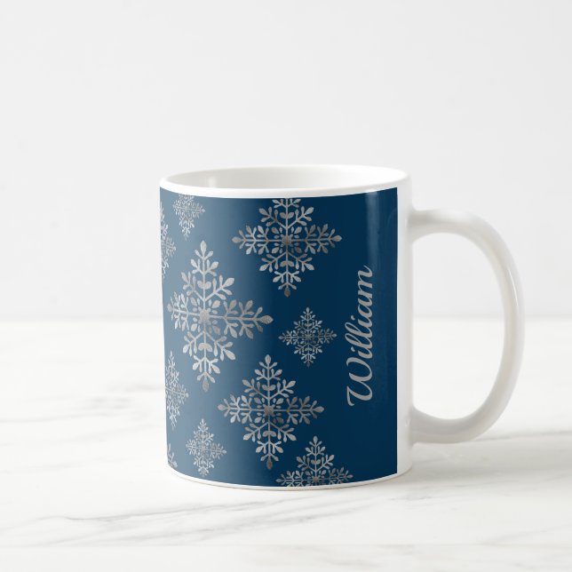 Falska grå folie snöflingor på blå (inte riktig fo kaffemugg (Höger)