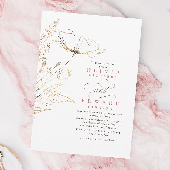 Falska guldblad vilda blommor dammig rosa bröllop inbjudningar (Wildflowers Wedding Invitation)