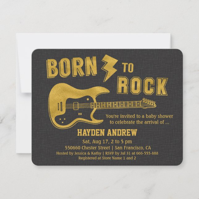 Falska guldgitarr Rockstjärna Baby Shower-inbjudni Inbjudningar (Framsida)