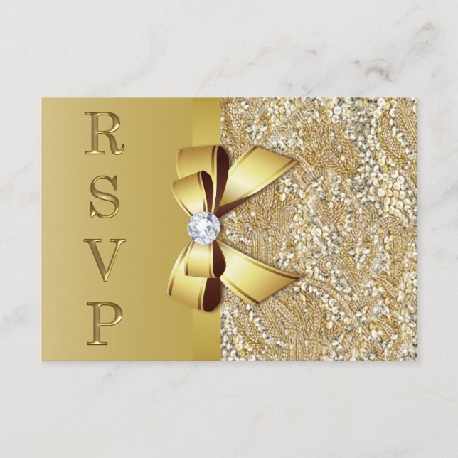 Falska Guldpaljetter Båge Diamant RSVP OSA Kort (Framsida)