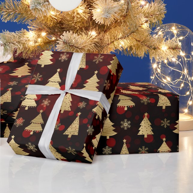 Falska julgranar i guld folie & röd bokeh presentpapper (Helgdagar)