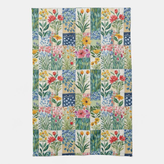 Falska patchwork trädgårdsblommor retro elegant sn kökshandduk (Vertikal)
