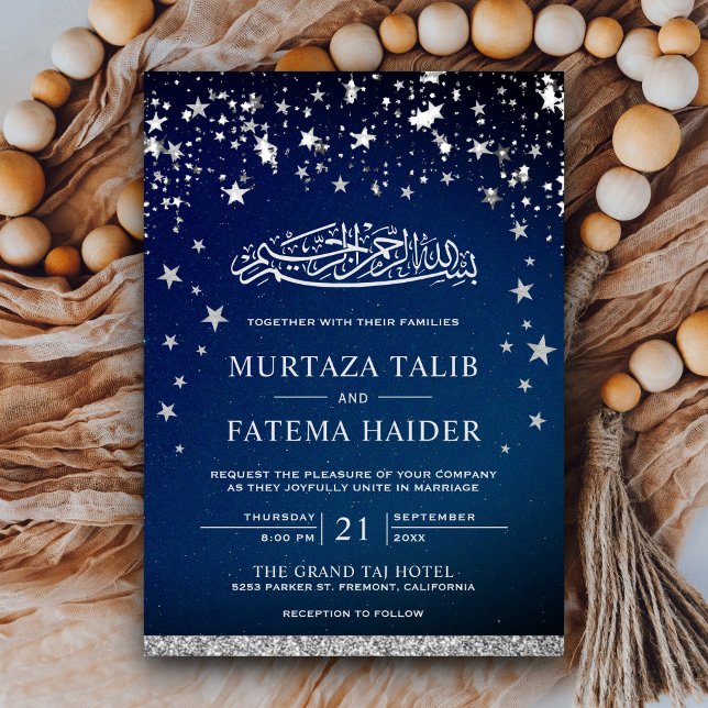 Falska silverglittrande stjärnor Blå muslimsk bröl Inbjudningar (Skapare uppladdad)