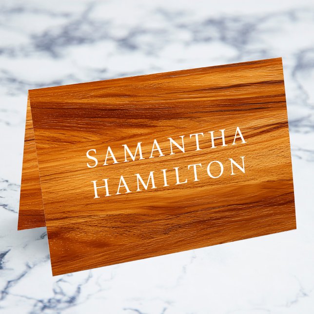Falska Teak Trä Vita Namn Platskort Bordsnummer (Faux Teak Wood White Name Place Cards)