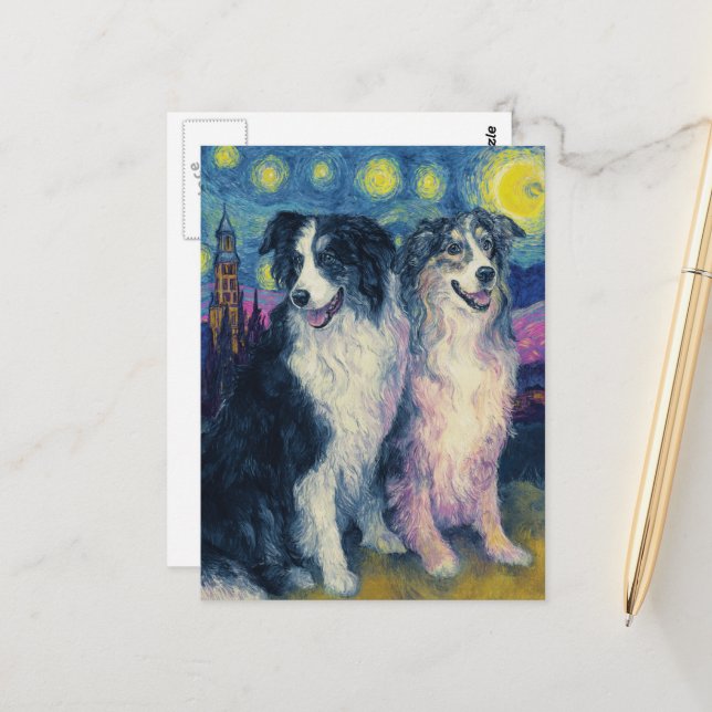 Falska Van Gogh Border Collies Vykort (Fram/Back In Situ)