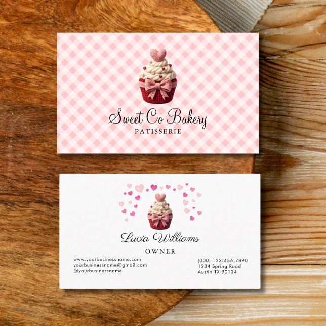 Falska Virkade Kärleks Cupcake Bageri Visitenkort Visitkort (Faux Crochet Valentine Cupcake bakery Business Card)