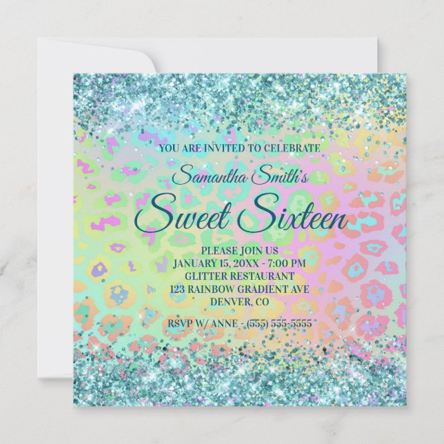 Falskt Aqua Blått Glitter Regnbåge Leopard Gradien Inbjudningar (Framsida)