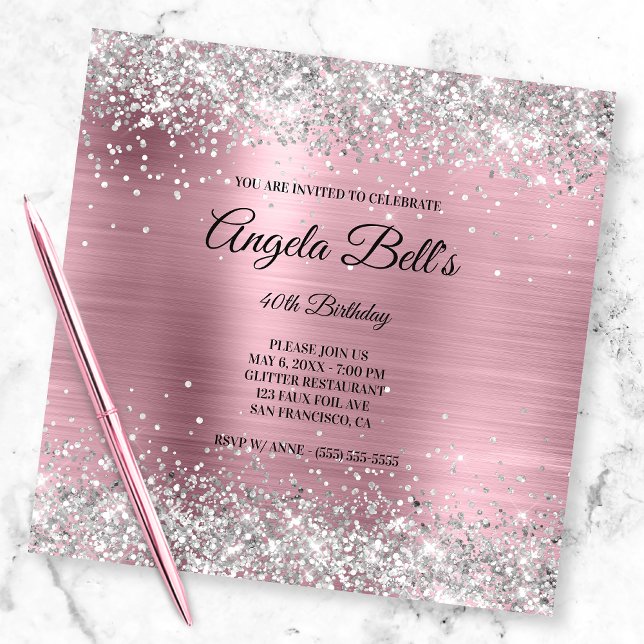 Falskt blankt silver glitter blek rosa folie monog inbjudningar (Skapare uppladdad)