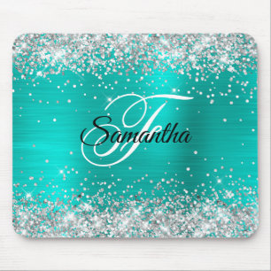 Falskt blankt silver glitter turkos folie monogram musmatta