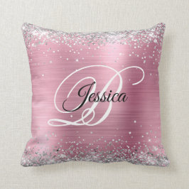 Falskt blankt silverglitter och rosa foliemonogram kudde