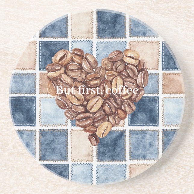 Falskt Blått Denim Kräm Första Kaffebönor Hjärta Underlägg (Framsidan)