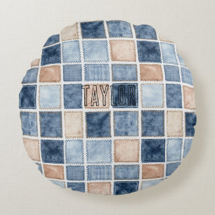 Falskt Blått Glitter Kräm Denim Rund Kudde