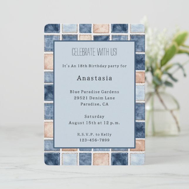 Falskt Blått Kräm Denim Jean Födelsedag Inbjudningar (Stående Fram)