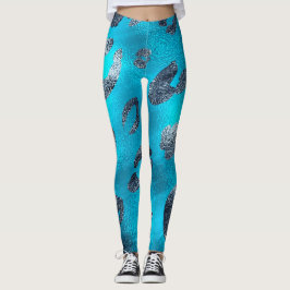 Falskt folieglänsande silver och blå leopardtryck leggings