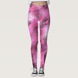 Falskt folieglänsande silver- och rosa leopardmöns leggings