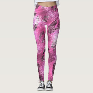 Falskt folieglänsande silver- och rosa leopardmöns leggings