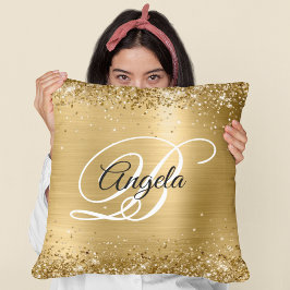 Falskt glänsande guldglitter och folie monogram kudde
