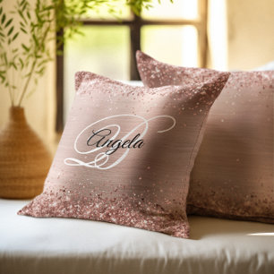 Falskt glänsande roséguld glitterfolie monogram kudde