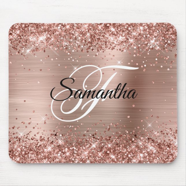 Falskt glänsande roséguld glitterfolie-monogram musmatta (Framsidan)